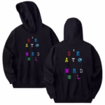 Front view of Travis Scott Astroworld Hoodie Colored Letters with bold multicolor chest print