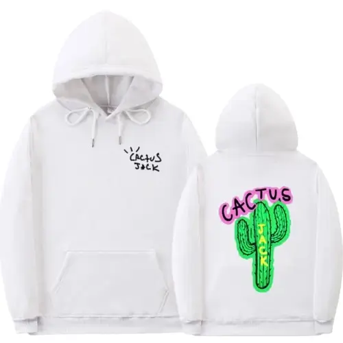 Front profile of white Cactus Jack hoodie with minimal branding