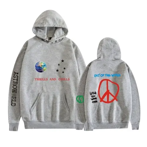 Travis Scott Thrills And Chills Grey Hoodie front graphic design