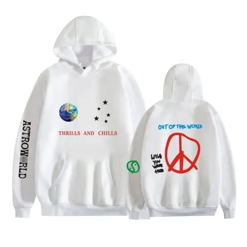 Travis Scott Thrills And Chills White Hoodie front design