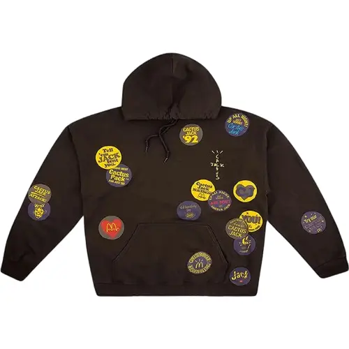 Front angle of sticker bomb hoodie with colorful graphic patches