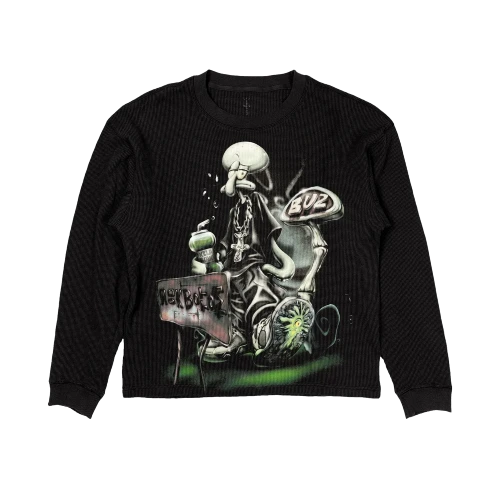 Front view of Travis Scott CJ X SpongeBob Rock Bottom Sweatshirt in black