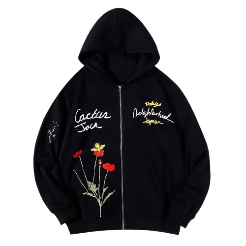 Back view of Travis Scott Cactus Jack x Neighborhood Hoodie with graphic print