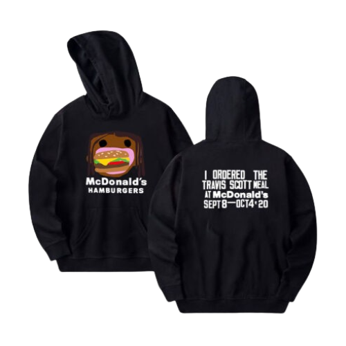 Front view of Travis Scott McDonalds Hoodie Hamburgers with graphic streetwear print