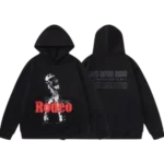 Front view of Travis Scott Rodeo Hoodie Black with oversized streetwear graphic