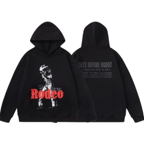 Front view of Travis Scott Rodeo Hoodie Black with oversized streetwear graphic