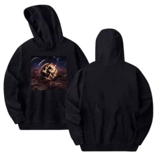 Front view of Travis Scott Skull Poster Hoodie with bold streetwear graphic