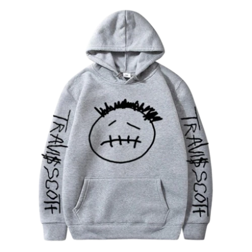 Front view of Travis Scott Themed Silver Grey Hoodie with minimalist oversized streetwear look