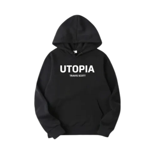 Front view of Travis Scott Utopia Black Hoodie with oversized streetwear design
