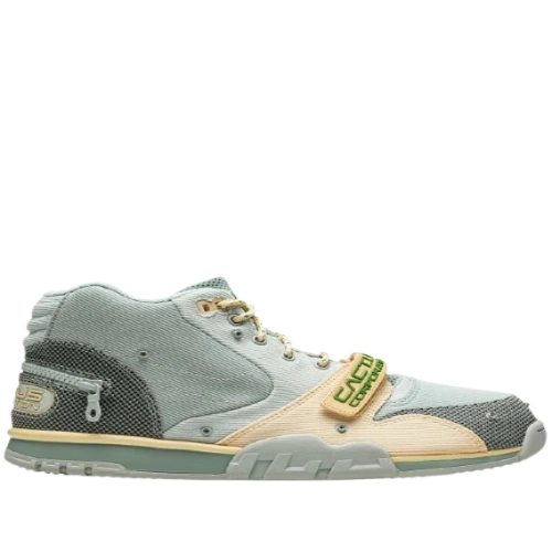 Front view of Travis Scott X Nike Air Trainer 1 Gray Haze sneaker