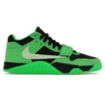 Front view of Travis Scott x Jordan CJ1 T-Rexx Green Spark sneaker