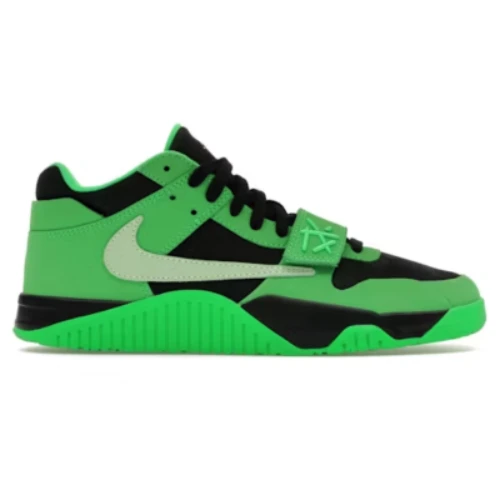 Front view of Travis Scott x Jordan CJ1 T-Rexx Green Spark sneaker